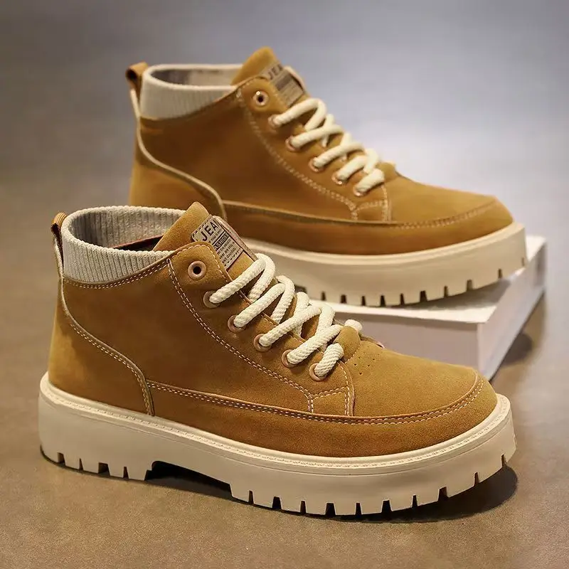 New Thick Soled Ankle Boots Men's Thick Heeled Short Boots Cheap Lace Up Motorcycle Flat Shoes Midsole Waterproof Platform Boots