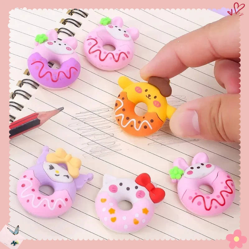 Gommes à crayon Anime Hello Kitty Kurumi Cinnamon Dog Donut, 6 pièces/ensemble, fournitures de papeterie pour étudiants, cadeaux pour enfants