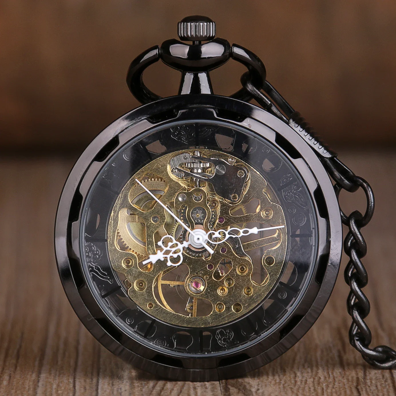 Reloj de bolsillo mecánico clásico sin tapa negro/plateado para hombres y mujeres Steampunk antiguo Retro cuerda a mano Fob reloj