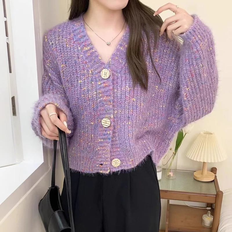 Women Chunky Mohair Cardigan Soft Melange Knit V-neck Button Down Sweater Jacket Pastel Lilac Fall Winter Casual Chic Outfit