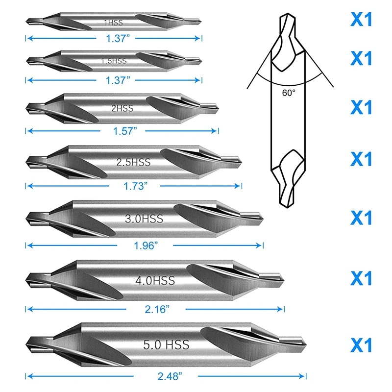 7 Pcs Center Drill Bits Set 60-Degree Angle Center Drill Bits Kit Countersink Tools For Lathe Metalworking