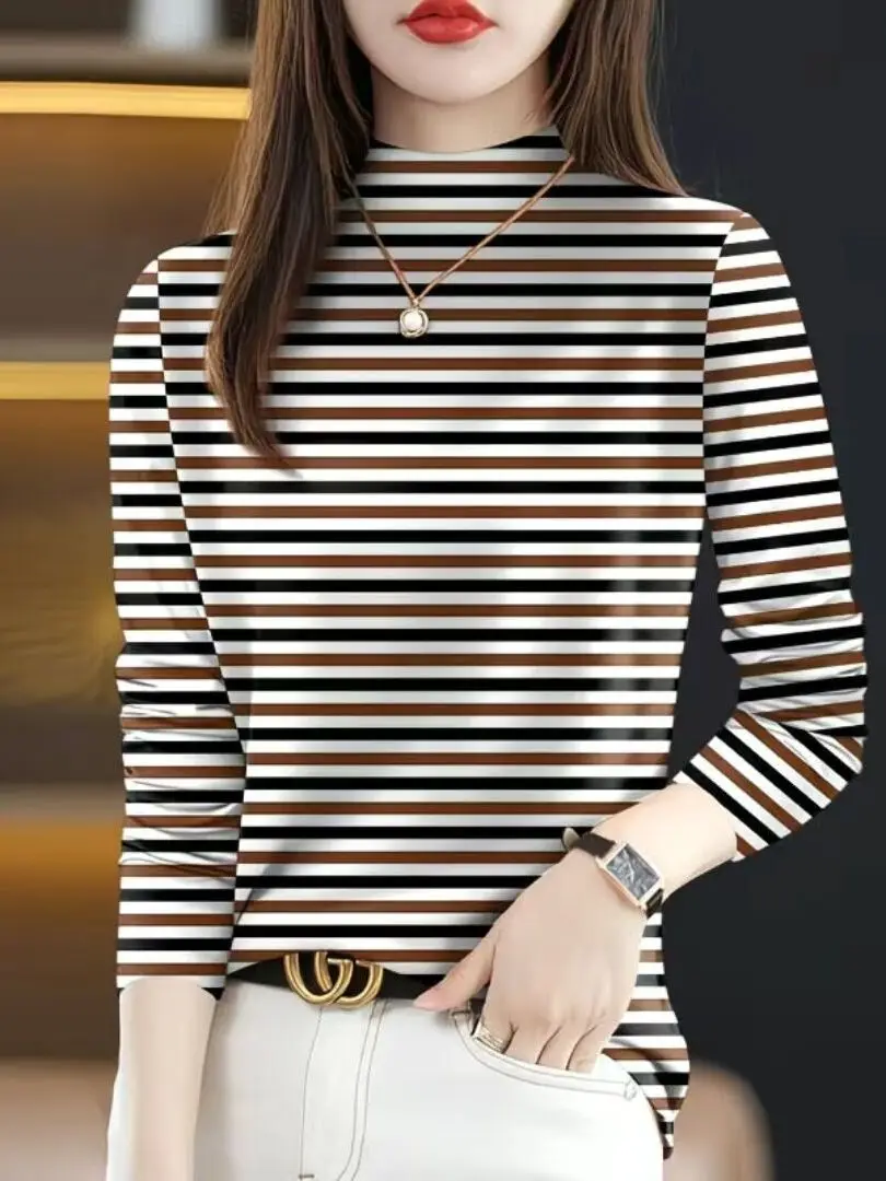Fashionable Long Sleeve Printed T-Shirt Women's Casual Style High Neck Top Trendy Spring 2026 Garment from China for Ladies