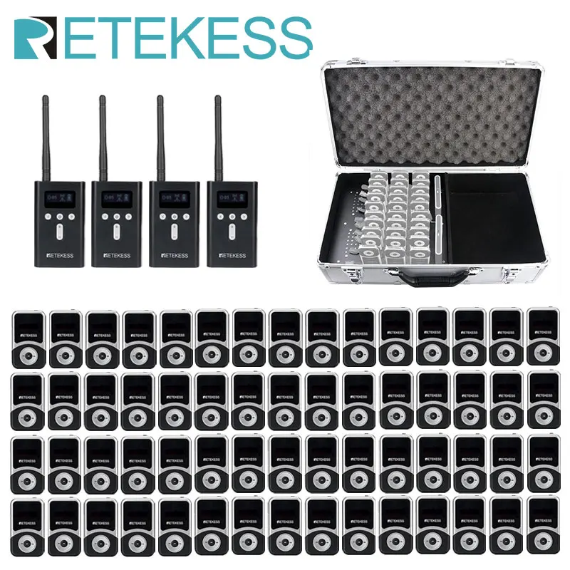 

Retekess T130S Tour Guide Wireless System 4 Transmitter + 60 Receiver + Charging box Kit For Travel Church Conference Museum