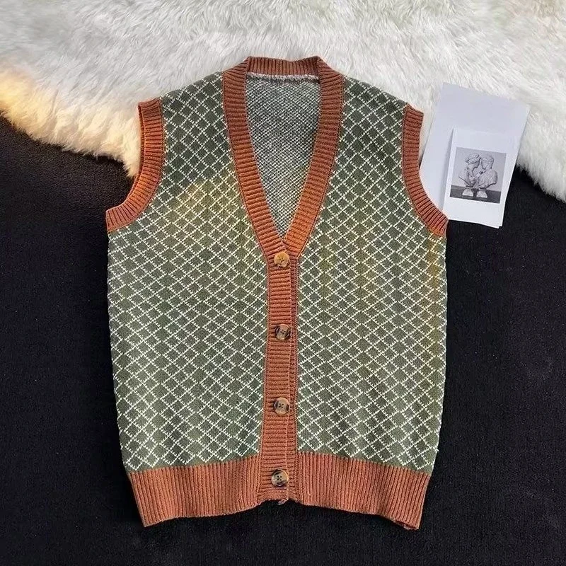 Japanese Hong Kong Style Autumn Knitted Cardigan Vest Men Green Retro Button V-neck Neutral Couple Trendy Versatile Knitwear
