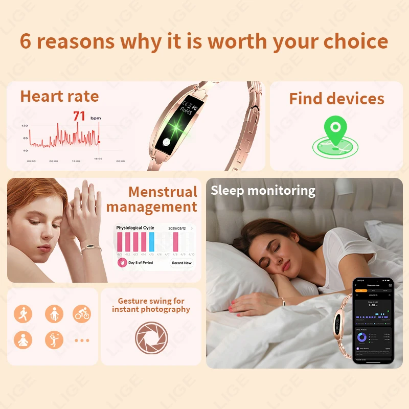 LIGE Ladies Fashion Smart Bracelet Fitness Sleep Tracker Heart Rate HRV Health Monitor Step Counting Sport Smartwatch Band 2025