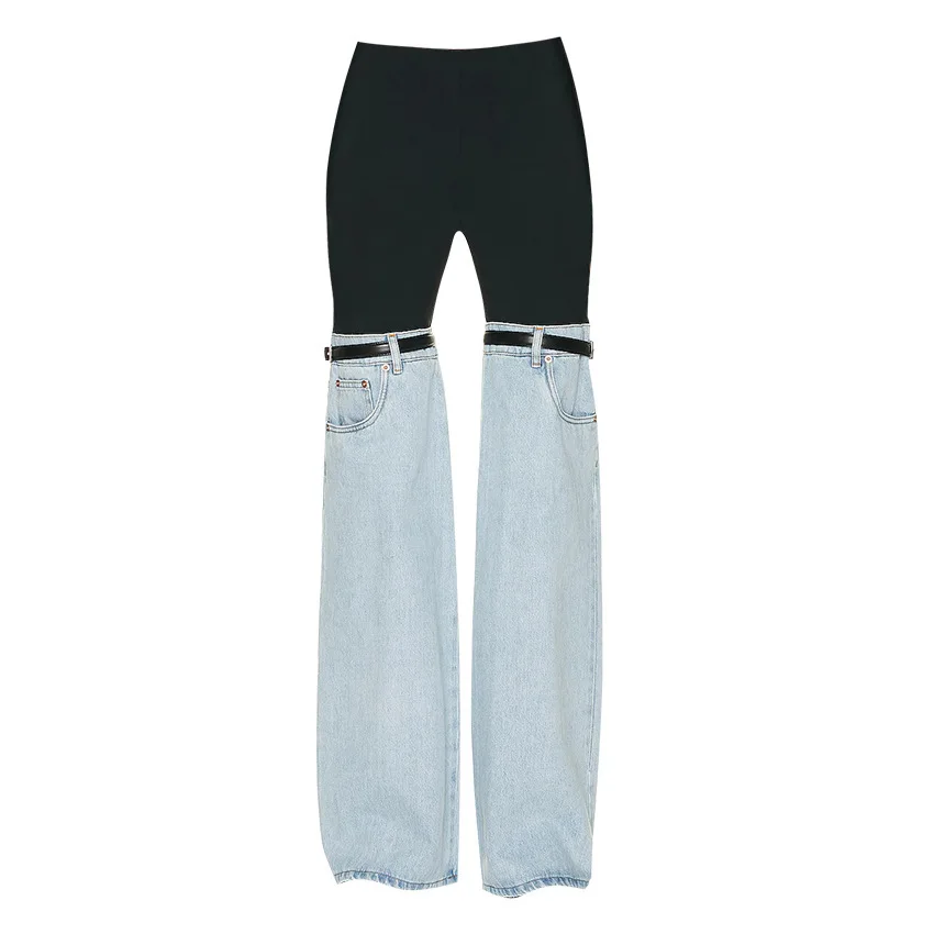 

Fashion Women Jeans High Waist Straight Sleeve Splice Pu Leather Buckle Street Clothing Denim Pants New Trend Spring 2023