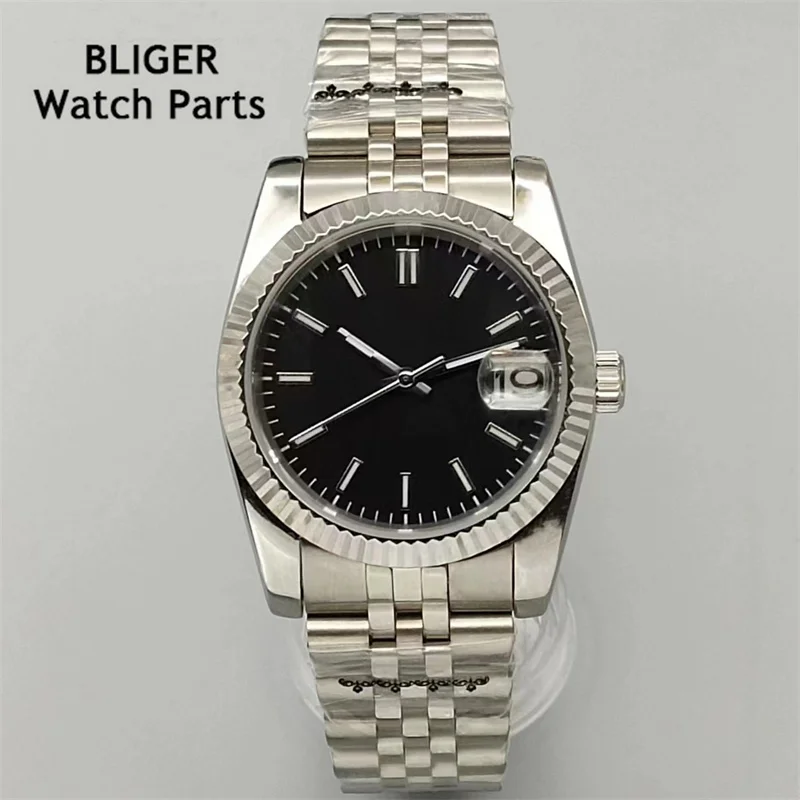 BLIGER 36mm /39mm Silver Dial NH35 Automatic Mens Watch Sapphire Glass Luminous Dial Stainless Steel Strap