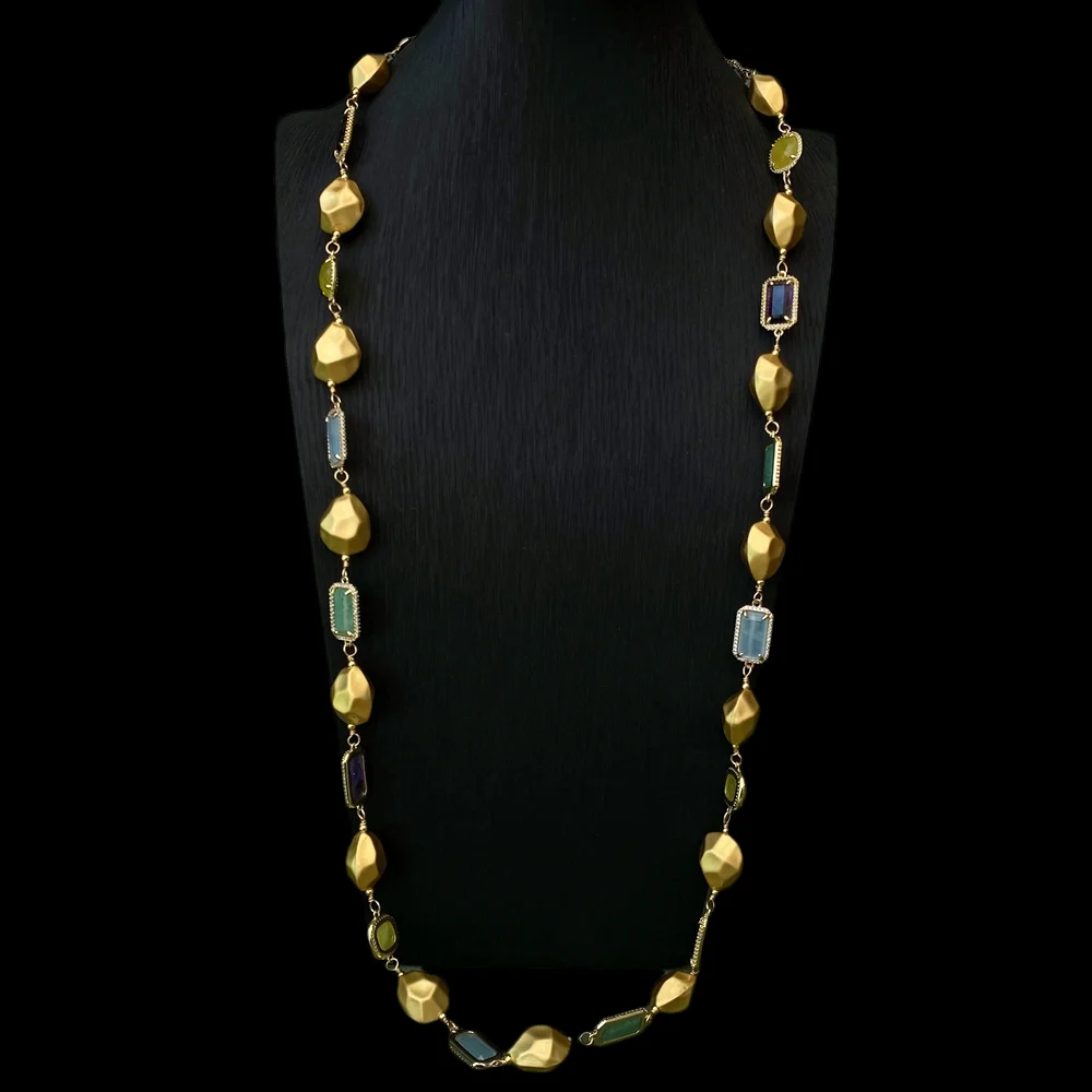 KKGEM 36'' natural faceted rectangle opal Green Nephrite Jade  amethyst yellow jade  Matte Finish Copper nugget  wrap Necklaces