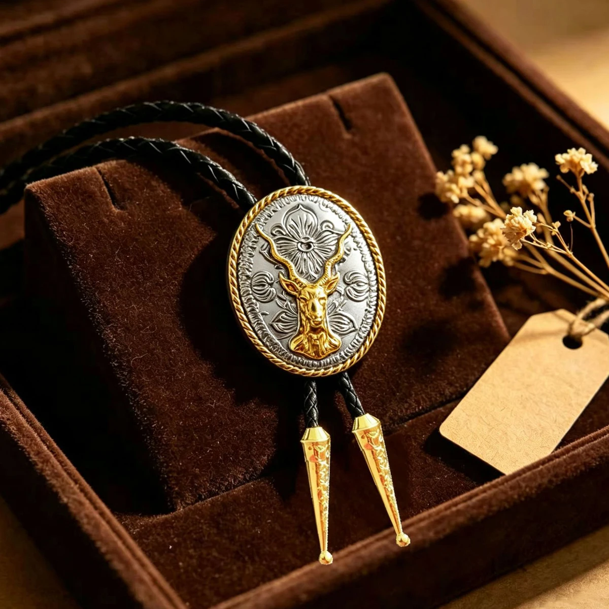 Western Cowboy Antelope Head Bolo Tie Vintage Floral Pattern Neck Rope Tie Men Costume Jewelry Accessory Trend Dropshipping