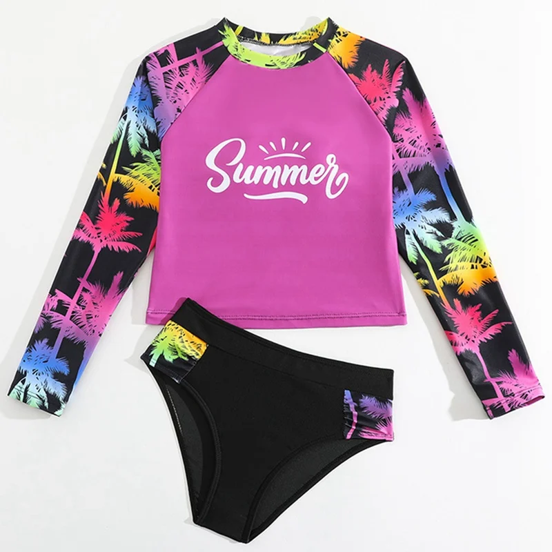 

8-12 Years Children Girls Swimsuit Two Pieces Letter Printed Long Sleeve Swimwear Kids Summer Sun Protection Bikini Sets