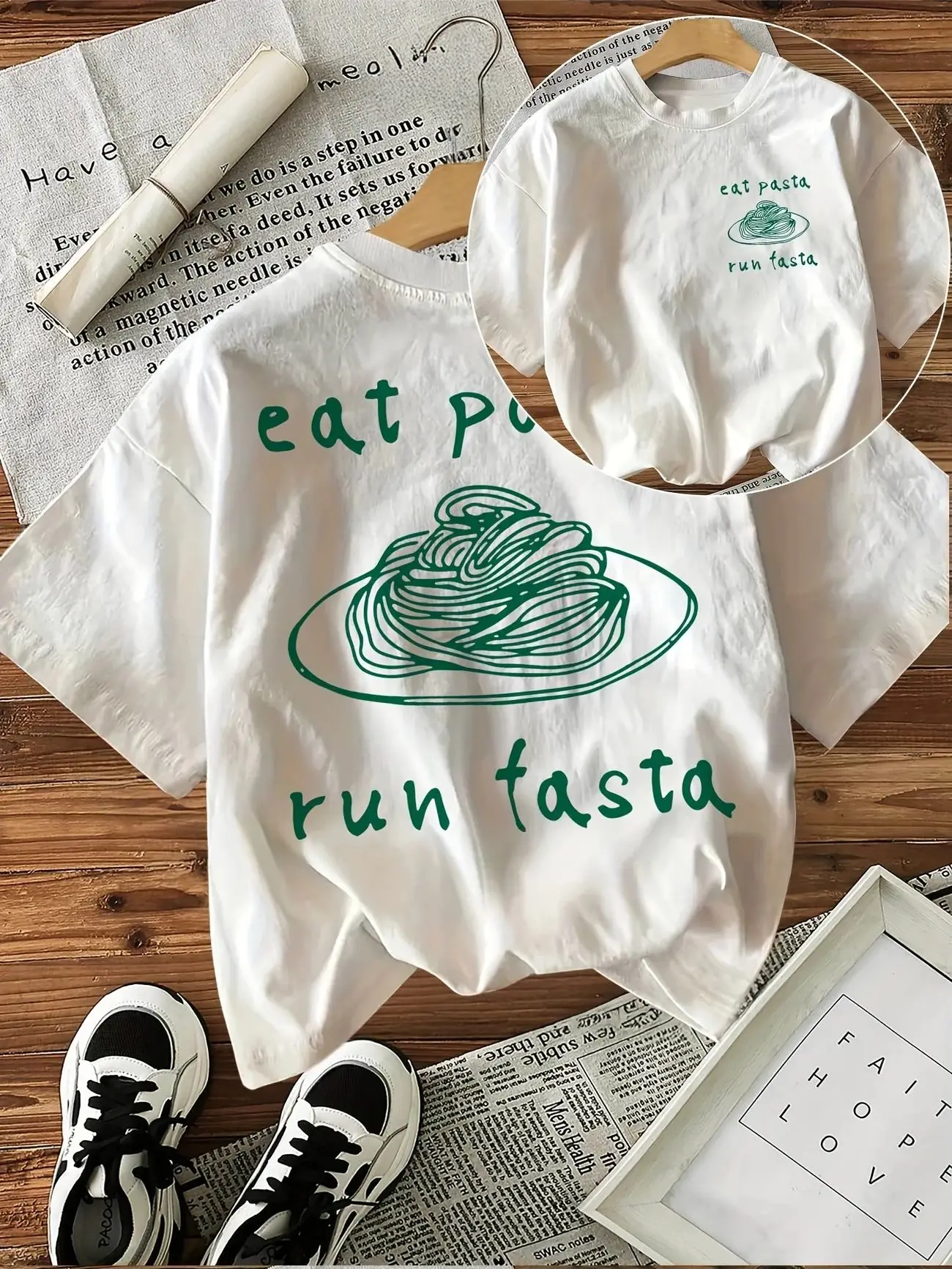 

Plus - Size Fun Pasta Graphic Tee, White Short - Sleeve with “eat pasta run fasta” Print