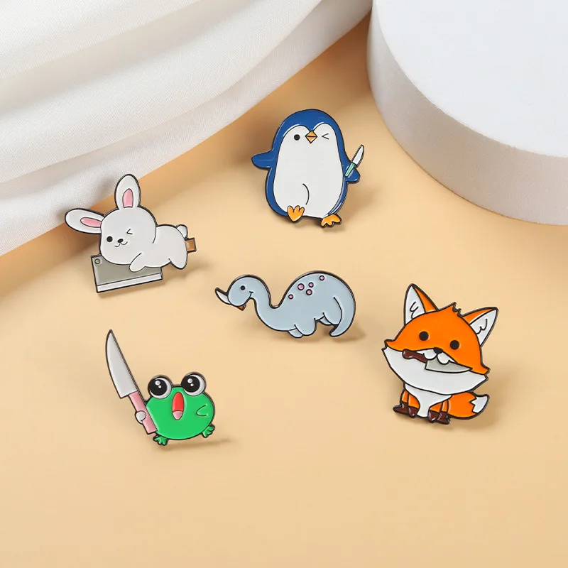 Cute Cartoon Knife Animal Alloy Enamel Brooch Creative Fox Rabbit Frog Metal Badges Trendy Backpack Accessories Jewelry Gifts