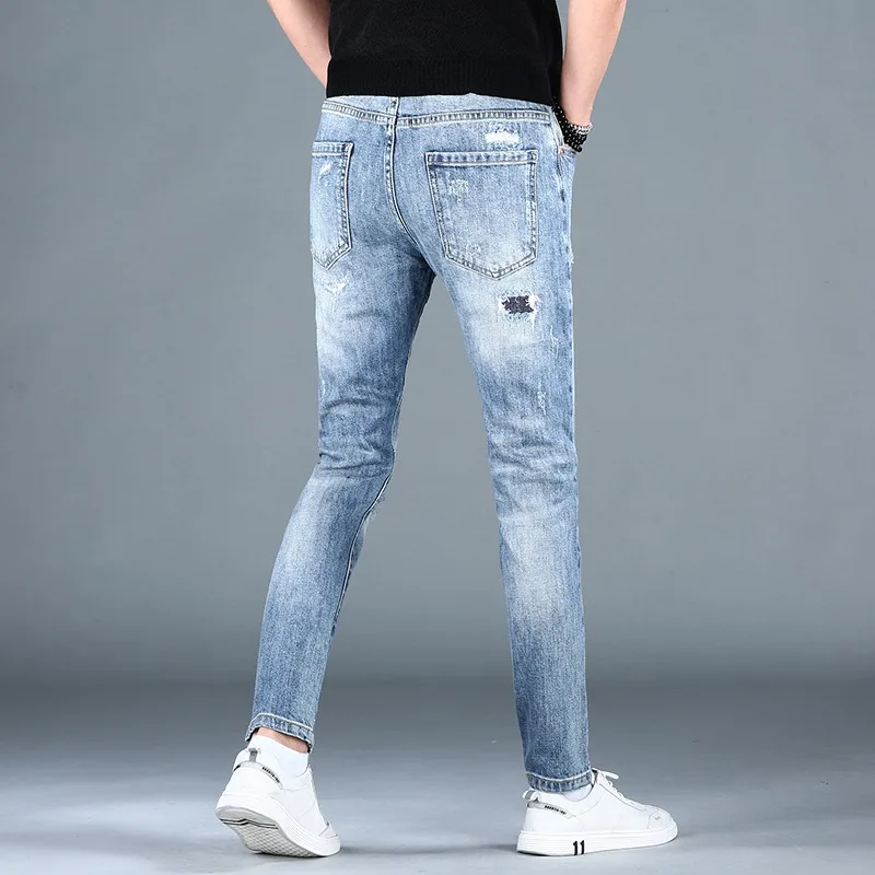 Summer Light Blue Ripped Jeans Men Streetwear Casual Patchwork Slim Fit Straight Denim Pants