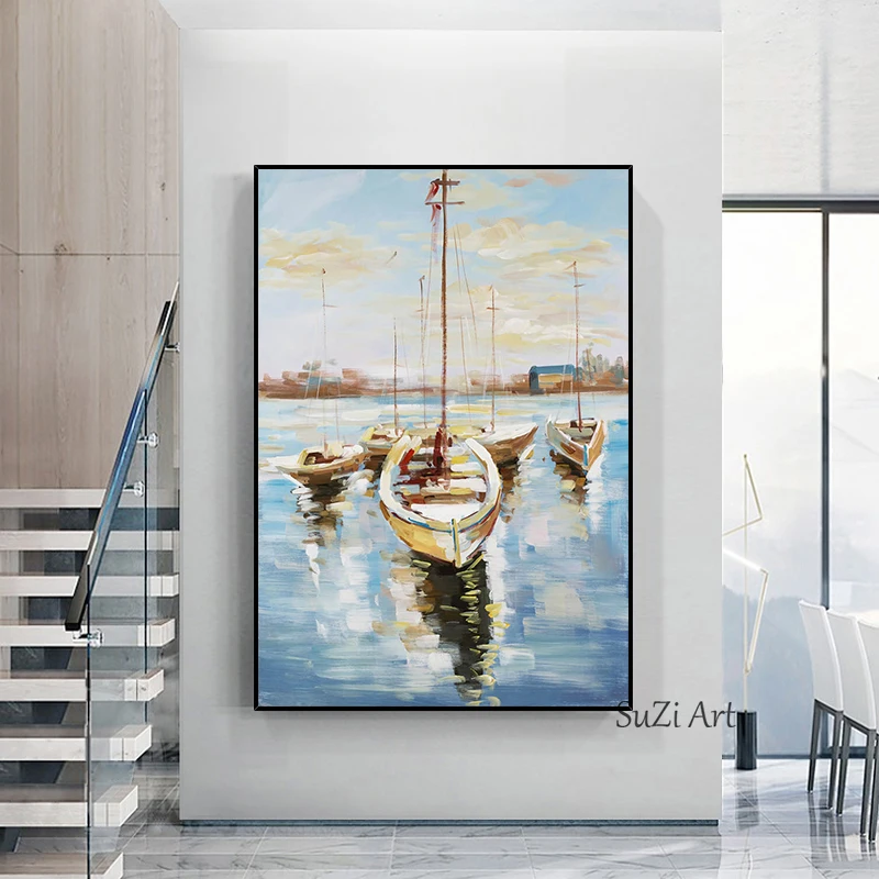 Pure Handmade Oil Painting Seascape Sailboat Wharf Harbour Porch Luxury Living Room Decor Hanging Mural Textured Restaurant