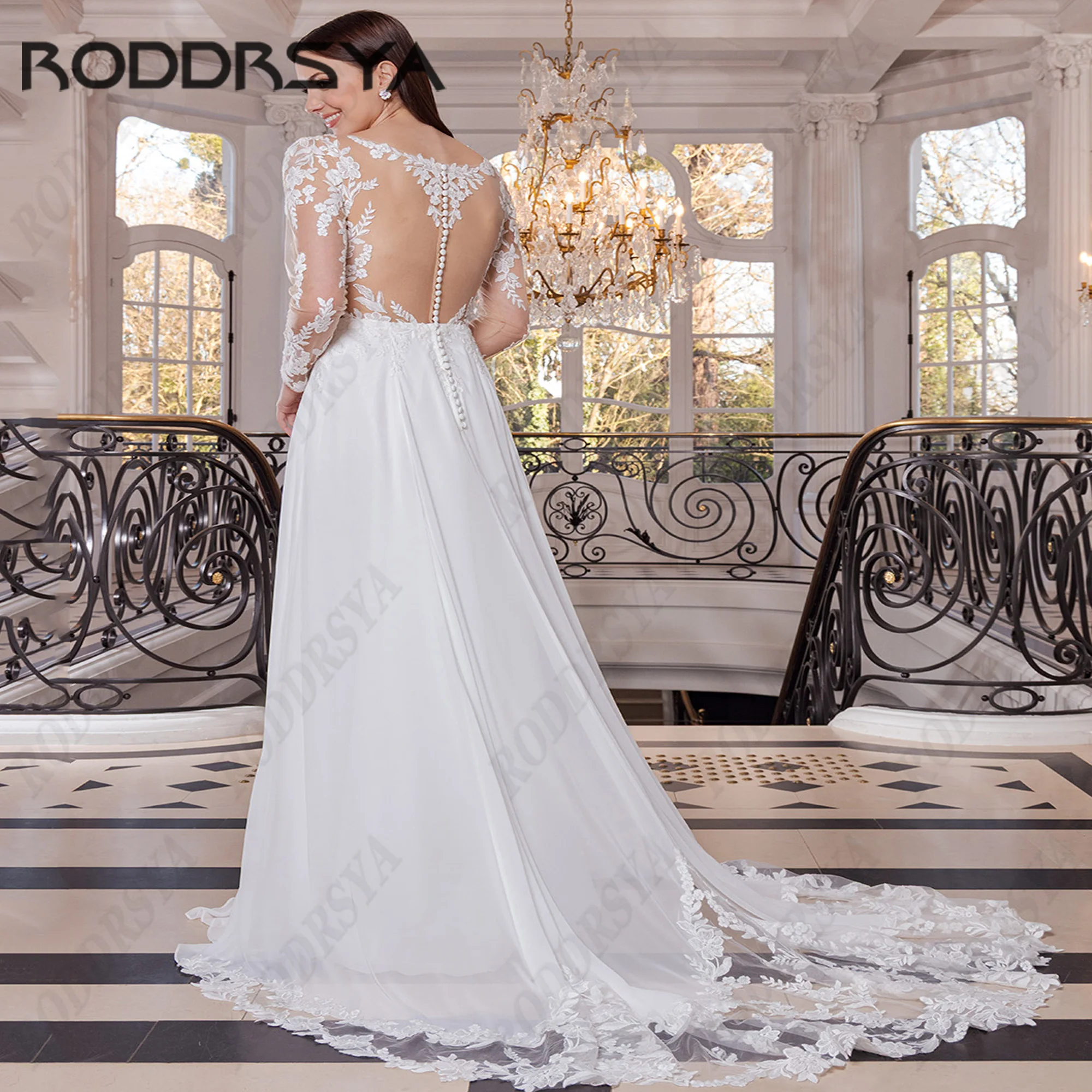 RODDRSYA koronkowe suknie ślubne o linii A kobiety paski Spaghetti Illusion powrót aplikacja suknie panny młodej Vestido de novia 2025 dostosowane RODDRSYA Koronkowe sukienki ślubne A-Line Kobiety Spaghetti paski Illus