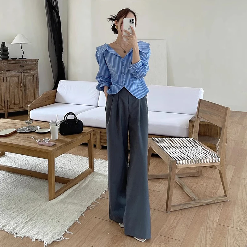 Retro ลายยาว Sve irt + Layered Wrap Top + Draped West กางเกง Tee ชิ้นชุด Chic ฤดูใบไม้ร่วง Faion ผู้หญิงชุด