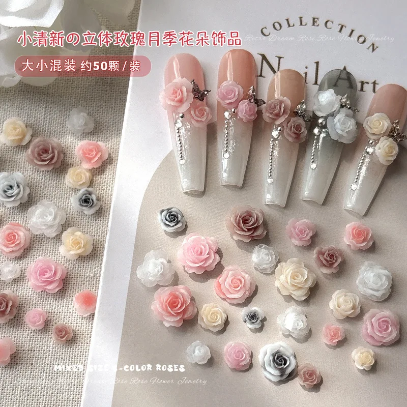 

50PCS 3D Mix Sizes Beautiful Blossoming Rose Flowers Resin Adhesive Nail Art Rhinestones Decorations Manicure Kawaii Charms