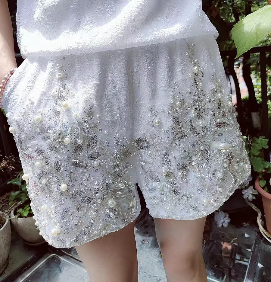 Luxry Shorts Suit Beaded Embroidery Short Sleeve T Shirt + High waist Sequined Beaded Shorts Summer 2pcs Set