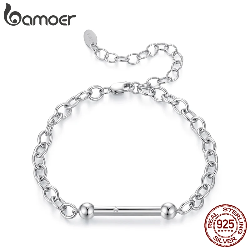 

Bamoer 925 Sterling Silver Stick Bar Link Chain Bracelet Adjustable Engraved Star DIY Bracelet for Women Minimalist Wrist Decor