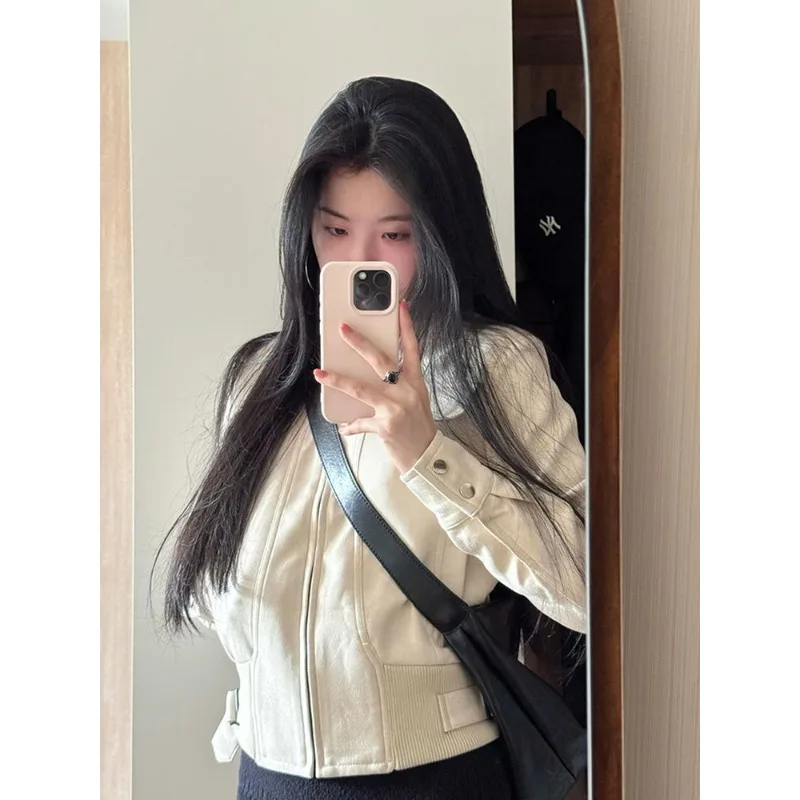 

2025 New Women's American Retro Suede Motorcycle Jacket, Short Stand Collar Work Jacket, American National Trend Brand Top