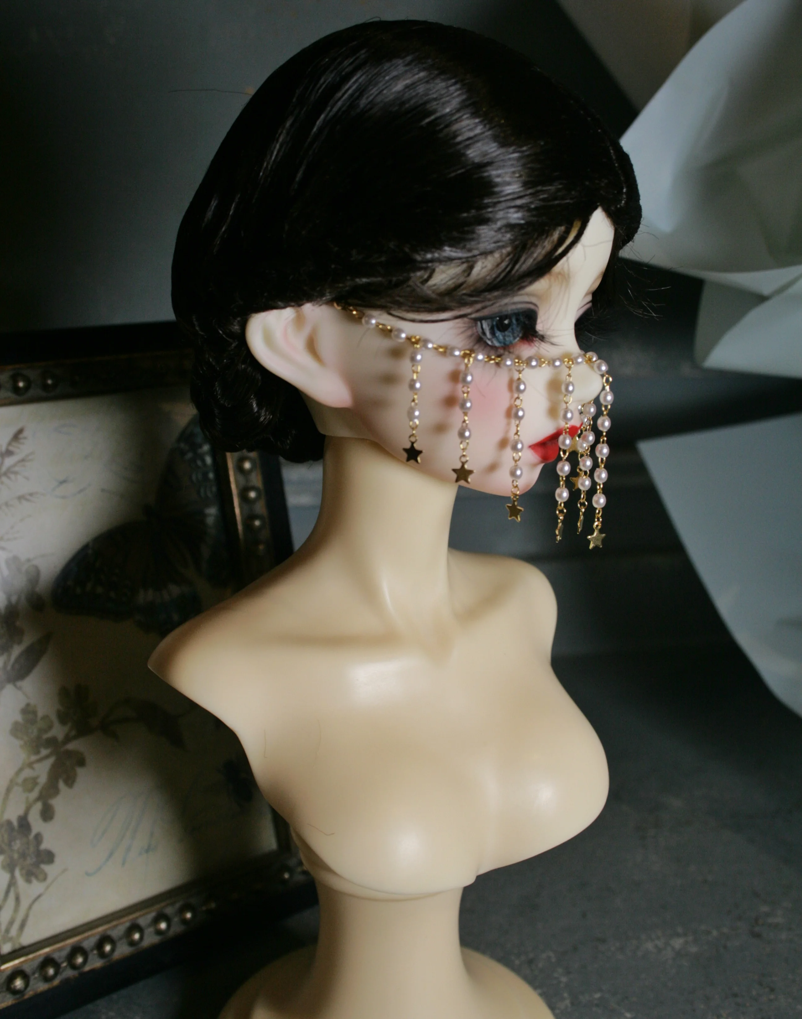 D10-A014 children toy BJD DD SD MSD 1/4 1/3 uncle doll's Accessoriess jewelry gold Tassel pearl face curtain customized mask 1pc