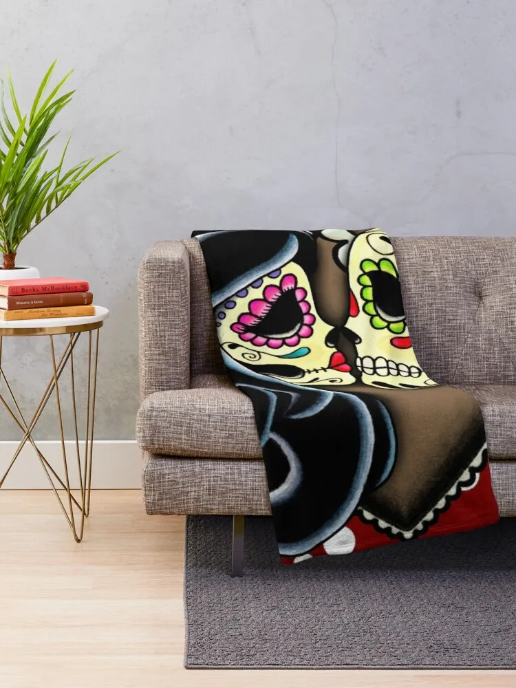 Ashes - Day of the Dead Couple - Sugar Skull Lovers Throw Blanket sofa Hair Blanket Blankets Sofas Of Decoration