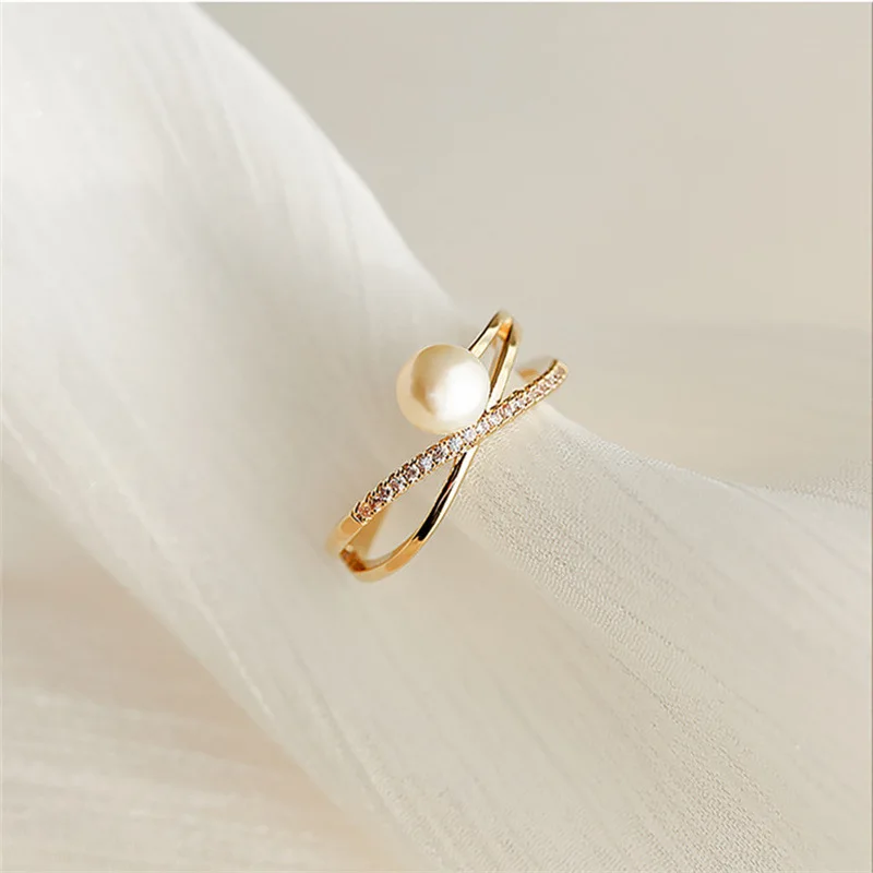 New Imitation Pearl Ring Female Super Fairy Fashion Index Finger Ring Plate Gold Color Multi-layer Design Ring R2250