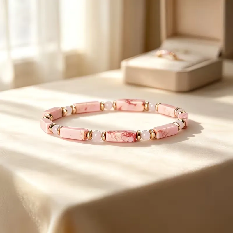 Rectangular Rhodonite & Rose Quartz Stretch Bracelet for Women Exquisite Elegant Stackable Wrist Bracelet Party Jewelry Gifts