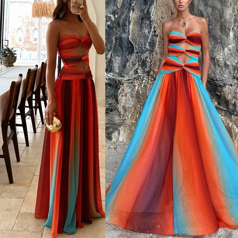 

Dress for Women Europe and America Spring and Summer Chiffon Printing Wrap The Chest Fashion Spend One's Holidays Leisure Swing