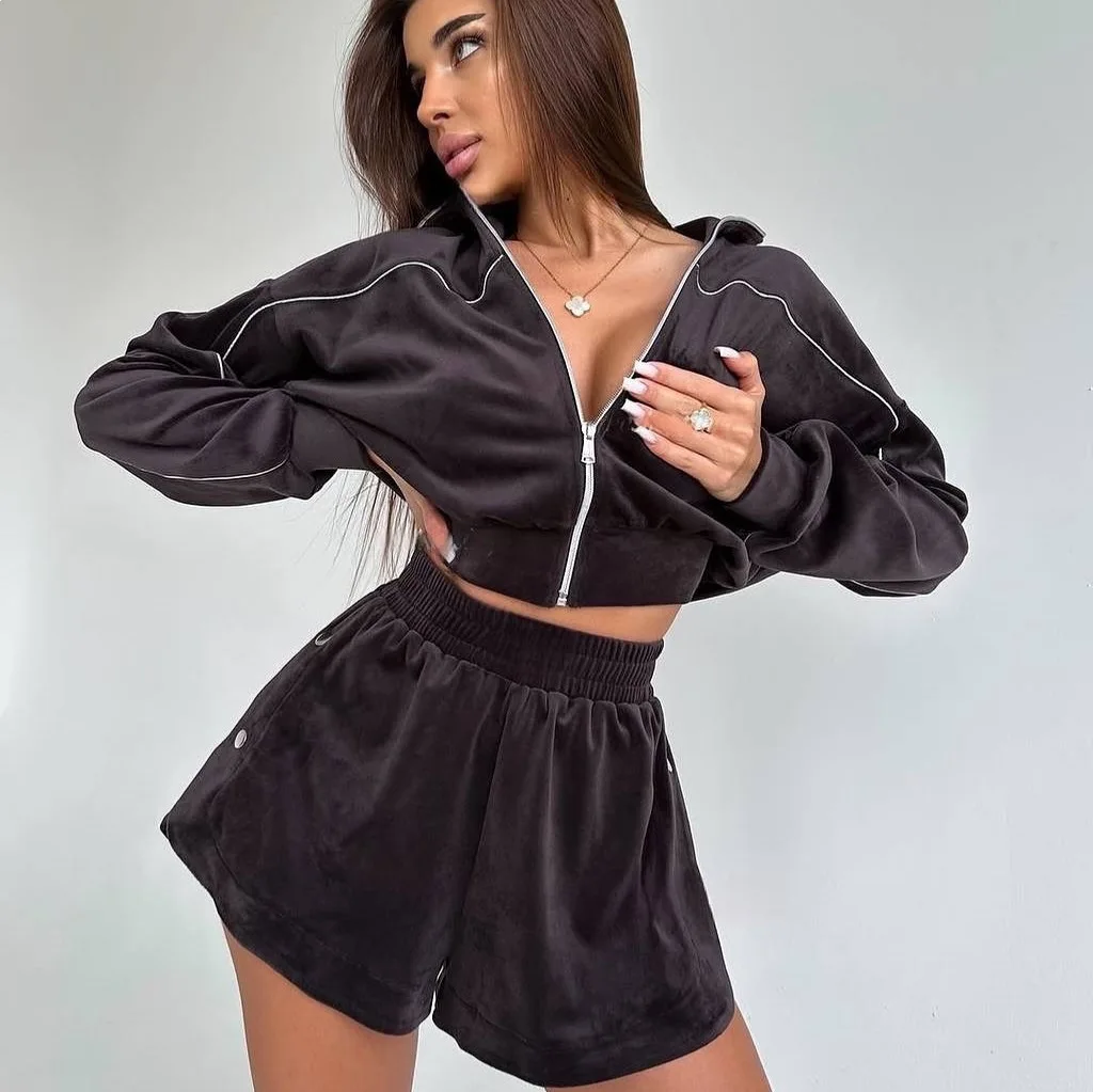 

Summer Women Long Sleeved Zipper Two Piece Sets Top Elastic Shorts Outfits Fashion Striped Casual Suits Lapel Tracksuits 2025
