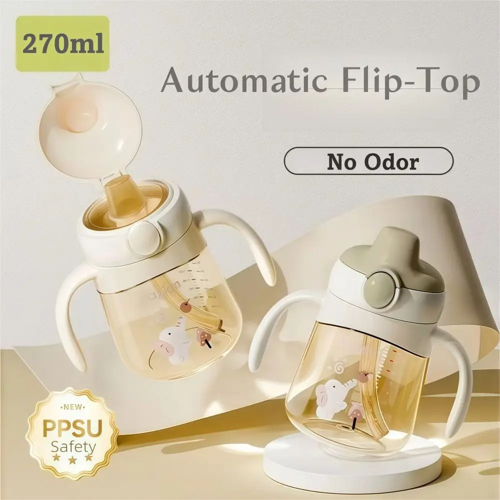 

PPSU Baby Sippy Cup Automatic Flip Cover Leak Proof Straw Cup with Handle 270ml Drinking Training Cup For Aged 6 Months