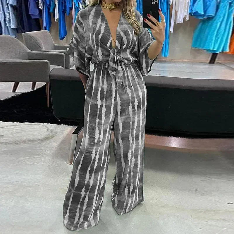 Women's Jumpsuit Printed Sexy V-neck Lace Up Loose Seven Quarter Sleeve Jumpsuit Autumn 2024