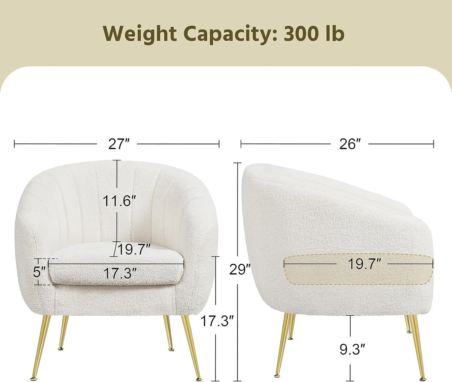 Ivory Boucle Fabric Accent Chairs with Gold Metal Legs and Removable Cushions for Multiple Rooms, 2 pcs