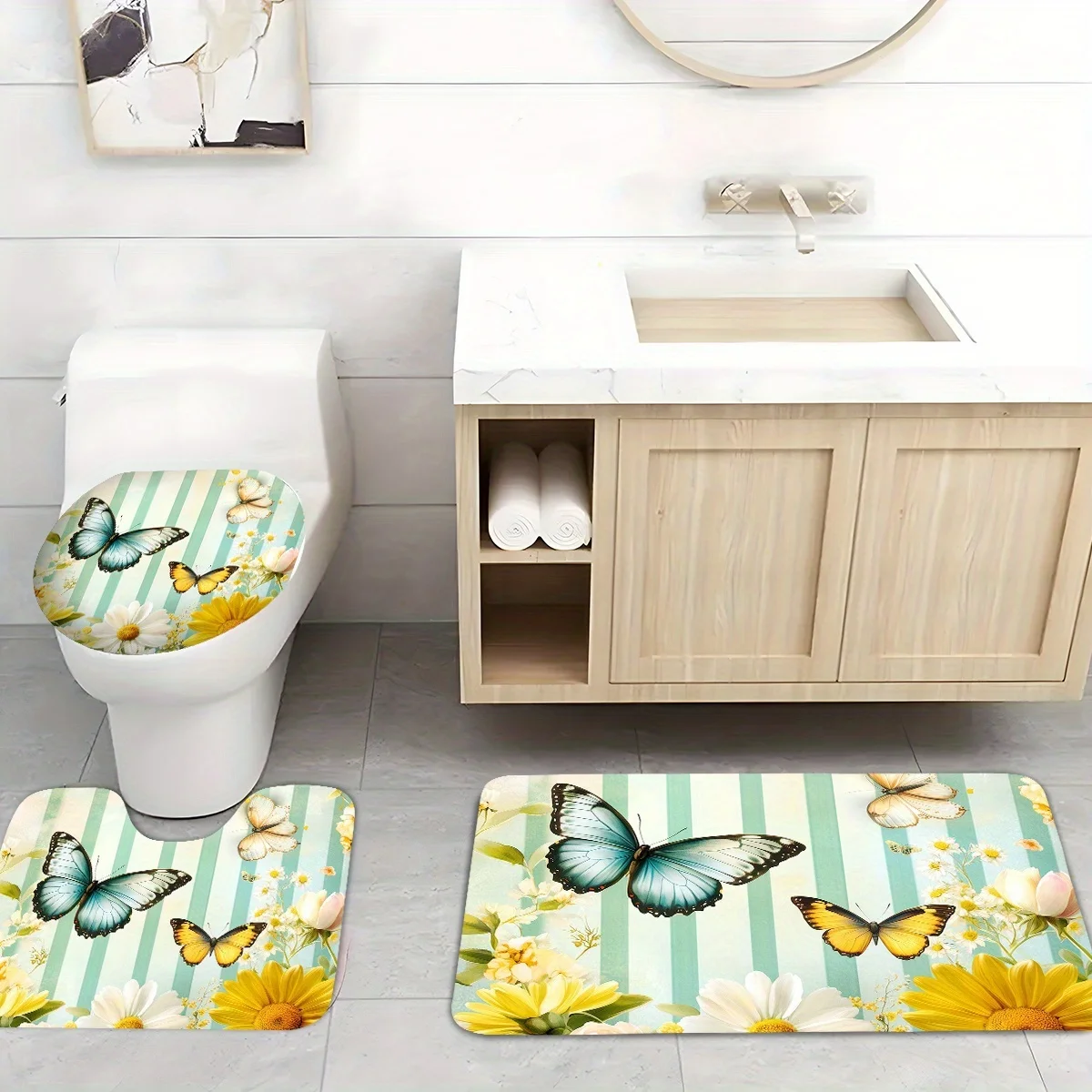 3pcs Soft Flannel Green Striped Mint Yellow Daisy & Pastel Blue Butterfly Bathroom Set - Non-Slip Plush Bath Mat, Toilet Cover &