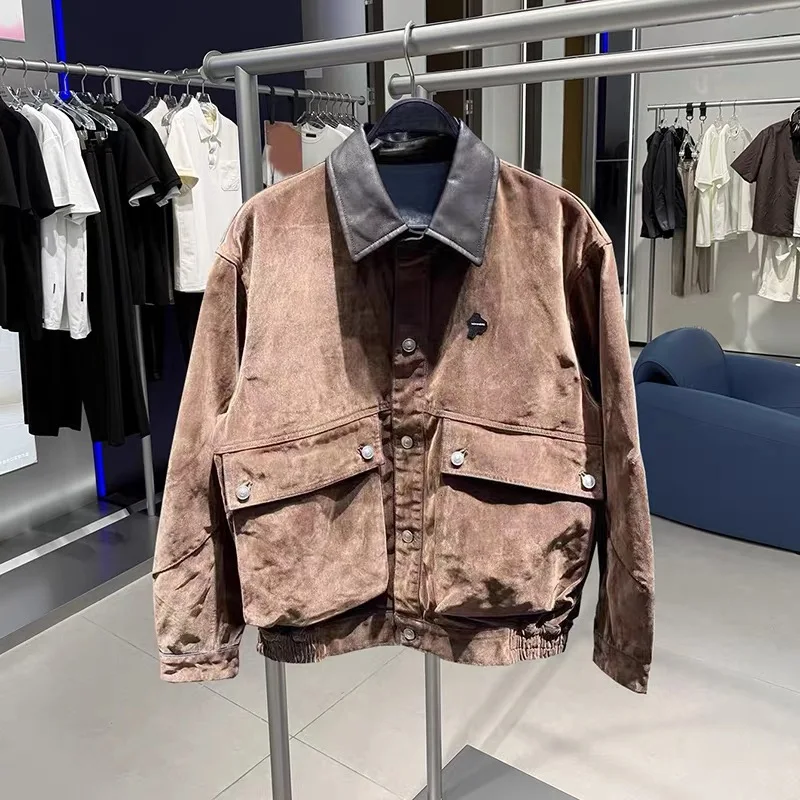 

Retro Distred Denim Jaet Men's Casual Leather Collar Splicing Workwear Barn Sle Outerwear Trendy Autumn 2025