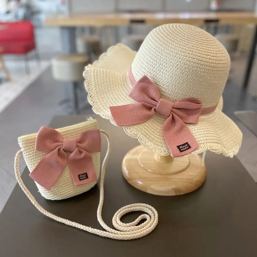 1 Pc Fashion Lovely Children Straw Hat UV Protection Ribbon Bow Kids Girl Hat Travel Beach Sun Hat Crossbody Bag