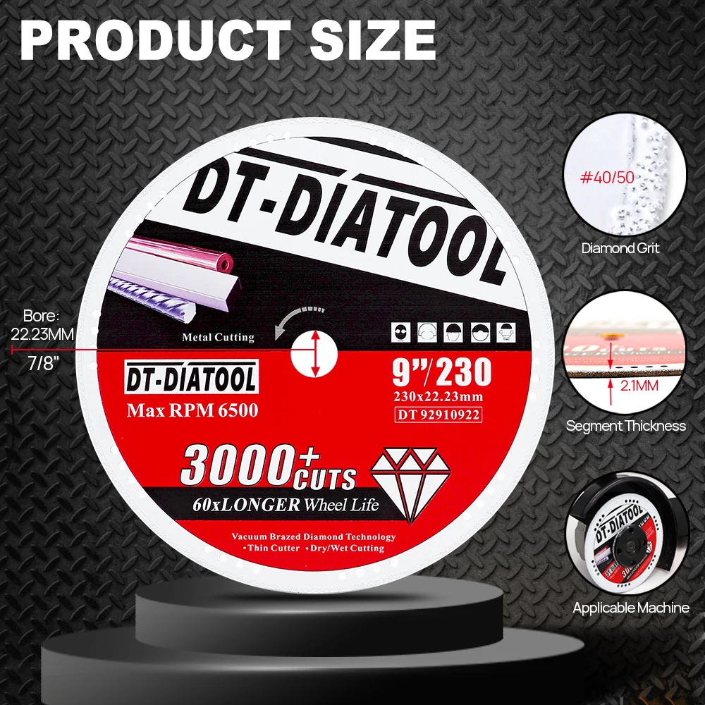DT-DIATOOL 1pc Dia 230mm Diamond Metal Cutting Disc Saw Blade Grinder Steel Stainless Aluminum Iron Rebar Cut-off Wheel Iron Cut