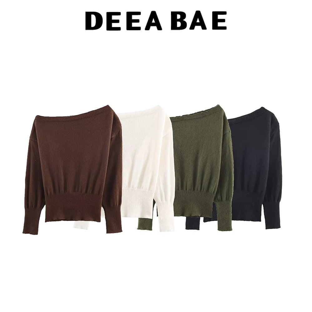 DEEABAE Winter New Women's Fashion Elegant and Versatile One Collar Off Shoulder Long Sleeve Knitted Sweater