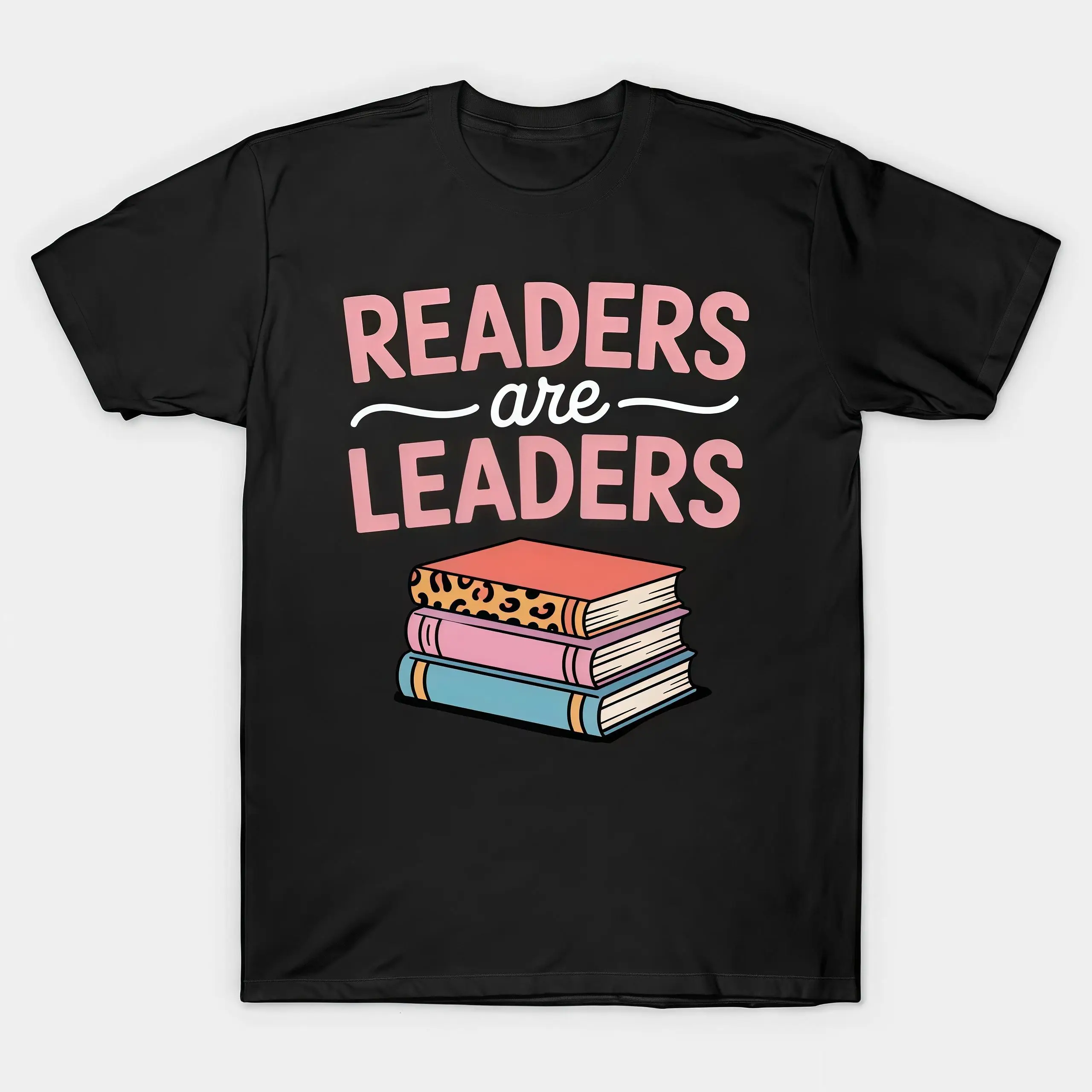 

Women's Leopard Book T-Shirt "Readers Are Leaders" Aesthetic Teacher Gift School Student Motivation Casual Top