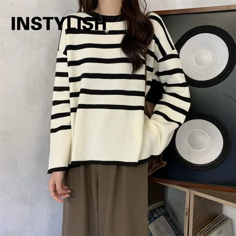 Korean Striped Loose Sweater Women Autumn Winter Elegant Harajuku Knitted Pullover Retro O Neck Oversized Tops Streetwear Jumper