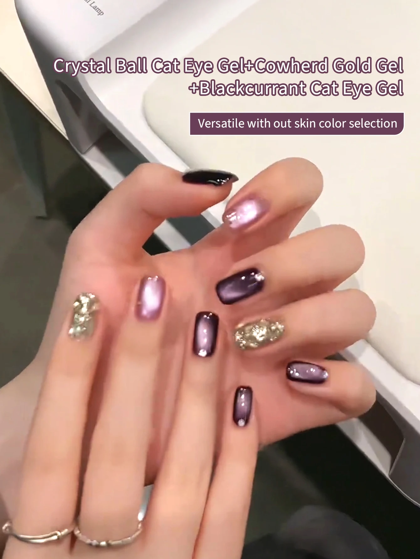 3Pc Purple Cat Eye Gel And Crushed Diamond Gel Nail Polish kit, Glitter Gel Reflective Translucent UV，Personal Salon DIY Design