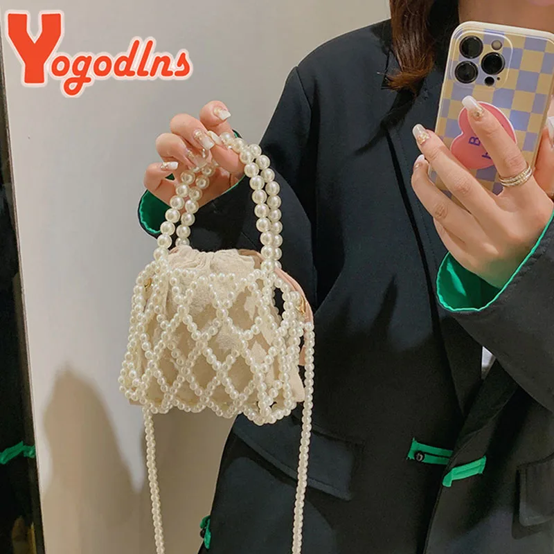 Yogodlns Mini Pearl Bag Women Bucket Tote Bag Pearl Woven Crossbody Hand Bags Coin Wallet Handbag Ladies Tote Shoulder Bags