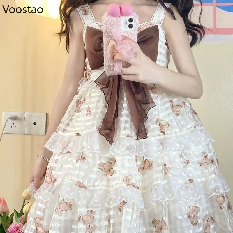 Summer Sweet Lolita Princess Dress Women Chic M-4XL Dresses Japanese Kawaii Lace Ruffles Cosplay Bow Bear Print Tiered Vestidos