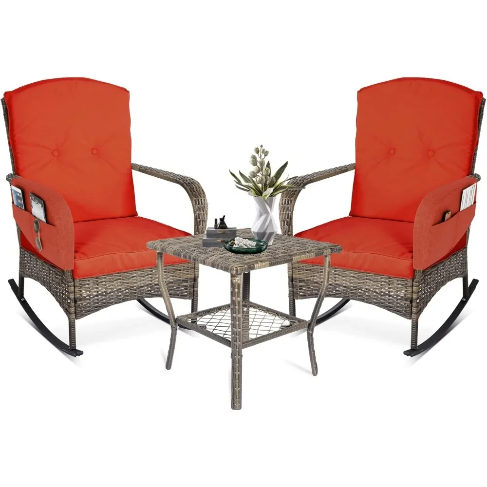 

3 Pieces Outdoor Wicker Rocking Chairs, Patio Rocking Chairs Set of 2 with Cushions, 3 Piece Patio Set, Outdoor Patio Furniture