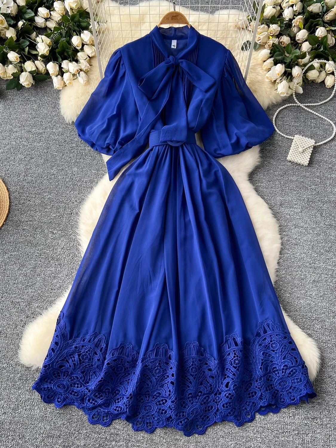 Summer Vintage Women Red/Yellow/Blue/White Lace Patchwork Long Dress Elegant Bow Collar Puff Sleeve High Waist A-Line Robe New