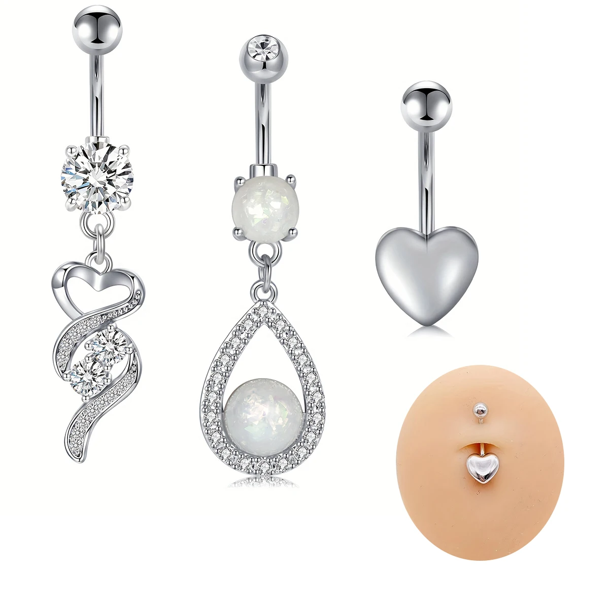 1-3pcs Stainless Steel Belly Button Rings, Heart Shaped Pendant Navel Ring, Body Piercing Jewelry