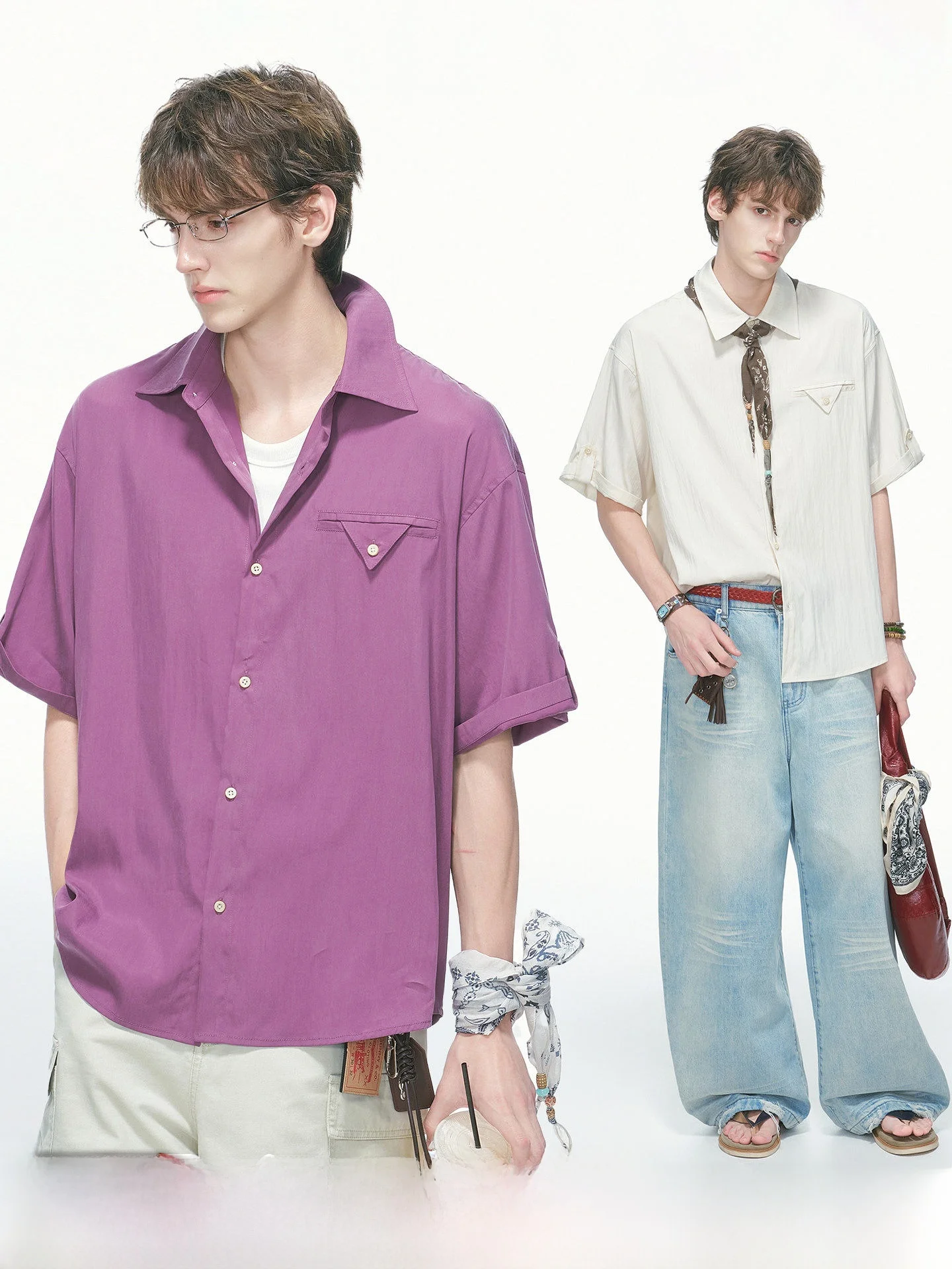 

Men's Short Sleeve Silk Shirt Summer Casual Style Loose Fit Youthful Trendy Pure Color Button up Shirt for Commuting