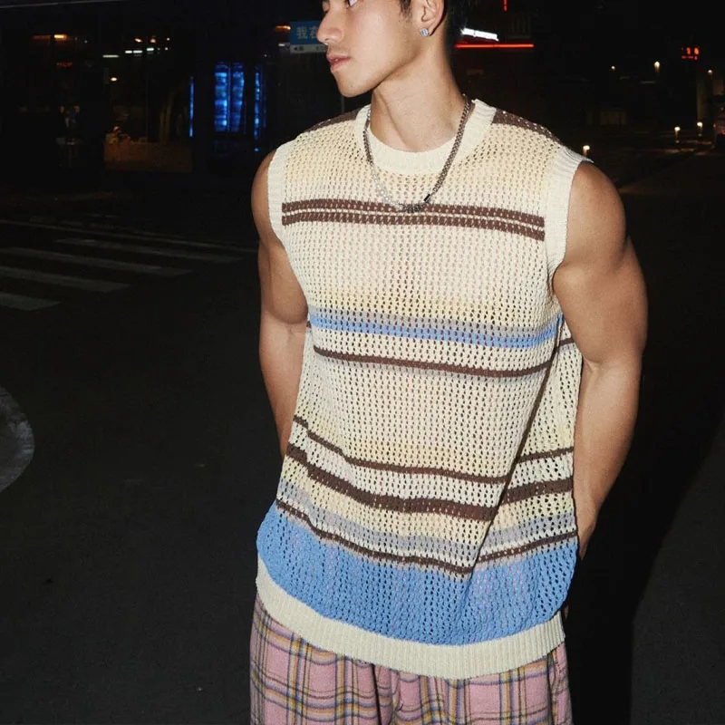 

Stripe Contrasting Colors Hollowing Out Knitting Vest Men Casual Tops Loose Summer Niche Handsome Sleeveless All-match Vest