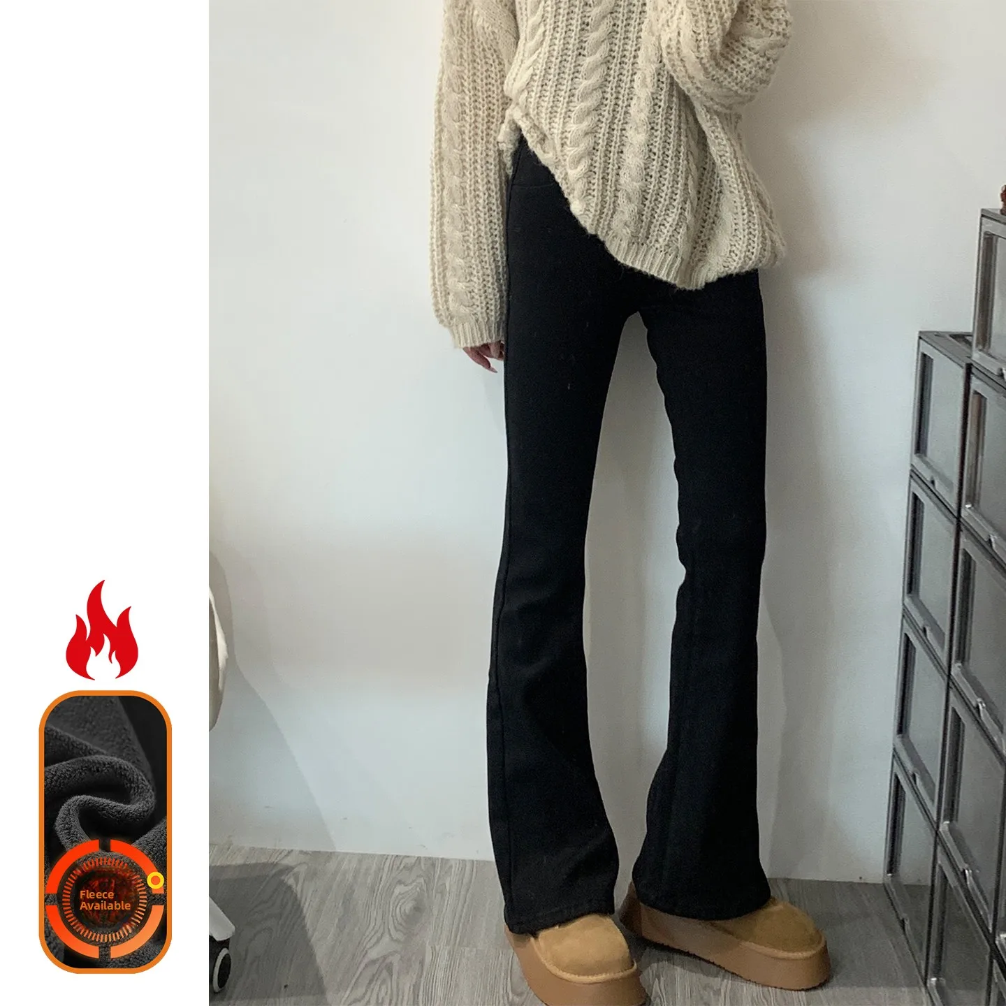 

High Waist Fleece Lined Bootcut Jeans Women's Thickened Black Denim Pants Winter Straight Leg Trousers Floor-Length Ladies Jeans