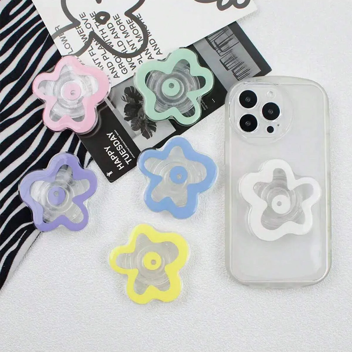 Minimalist Ins-Style Floral Solid Color Transparent Airbag Stand, Adhesive Retractable Foldable Lazy Portable Phone Holder